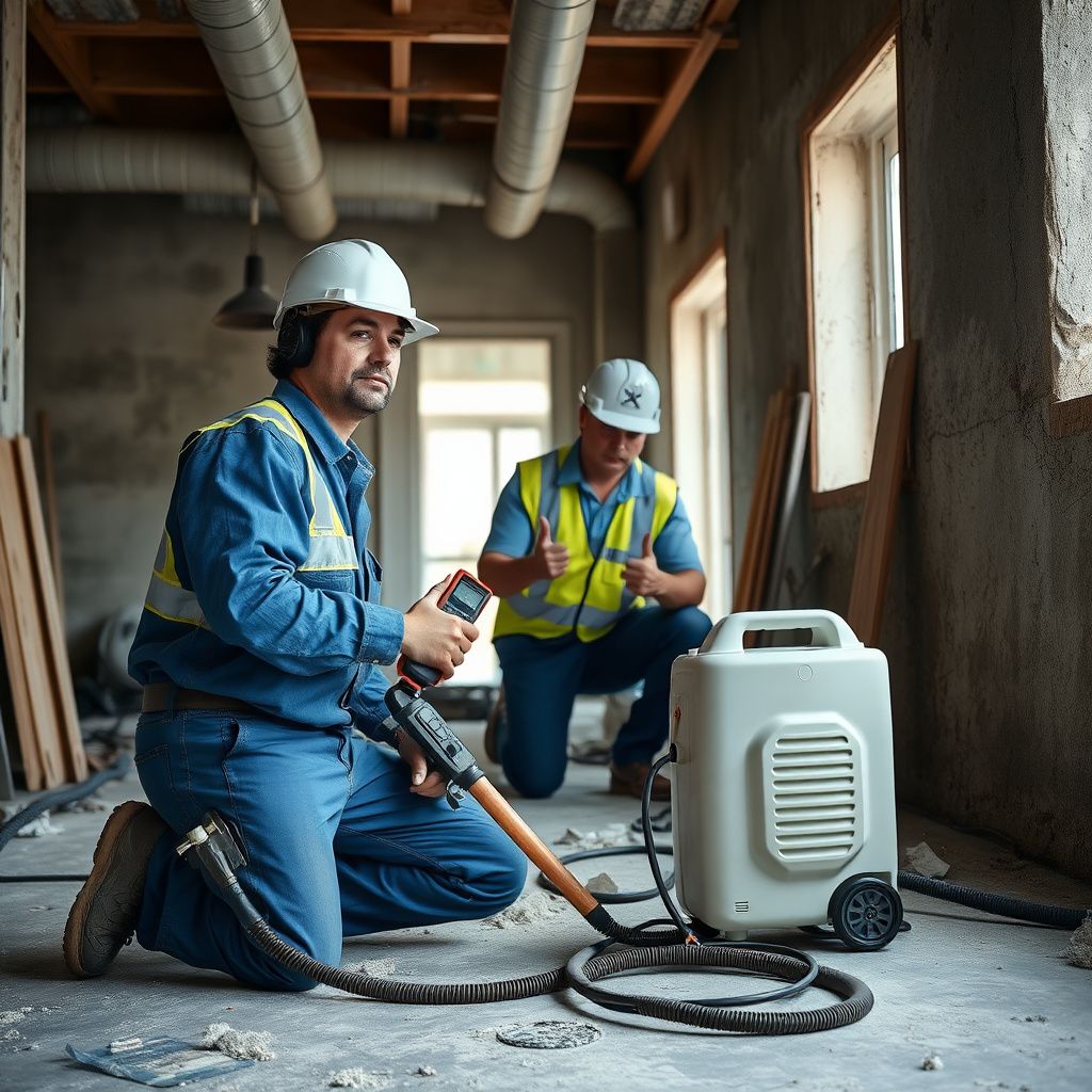 A team of IICRC-certified mold remediation specialists setting up containment barriers in a residential basement in Addison, Texas.