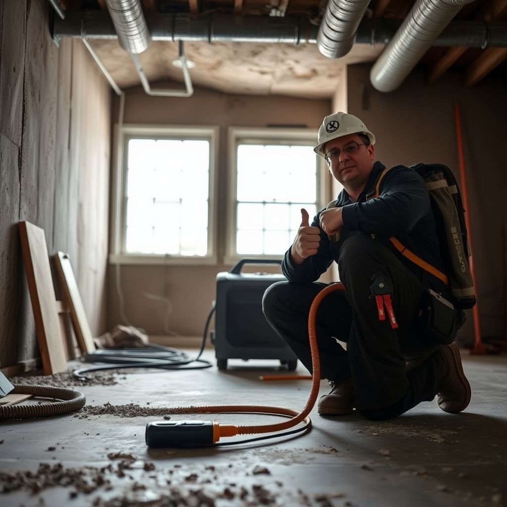 A professional mold remediation technician in Coppell explaining a post-remediation report to a homeowner in a clean, restored living room.