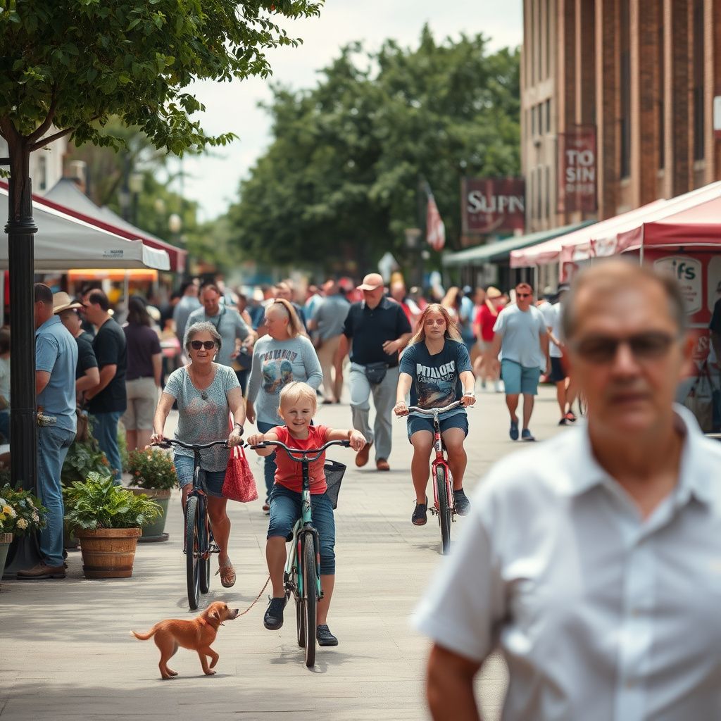 A vibrant street scene in Historic Downtown McKinney, Texas, with well-preserved 19th-century brick buildings and bustling sidewalks under a sunny sky.