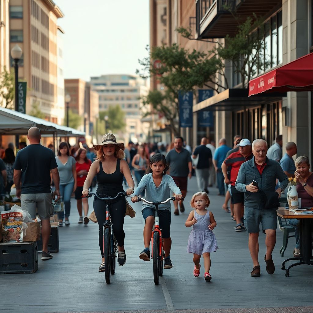 A vibrant street scene in Old Town Lewisville, Texas, with historic brick buildings and people enjoying an outdoor market.
